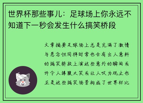 世界杯那些事儿：足球场上你永远不知道下一秒会发生什么搞笑桥段